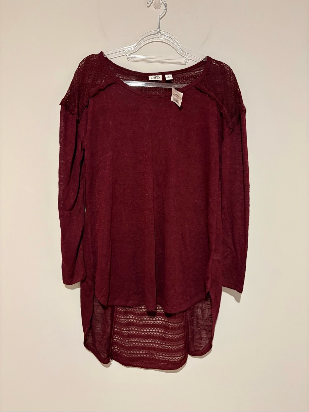 Cato high low Long-Sleeve Lace Yoke Tunic‎ top Burgundy red medium